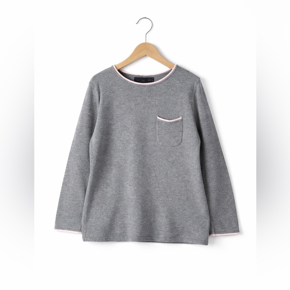 Lands’ End Gray Pink Trim Sweater Girls Small Soft Cozy Pocket Top Preppy